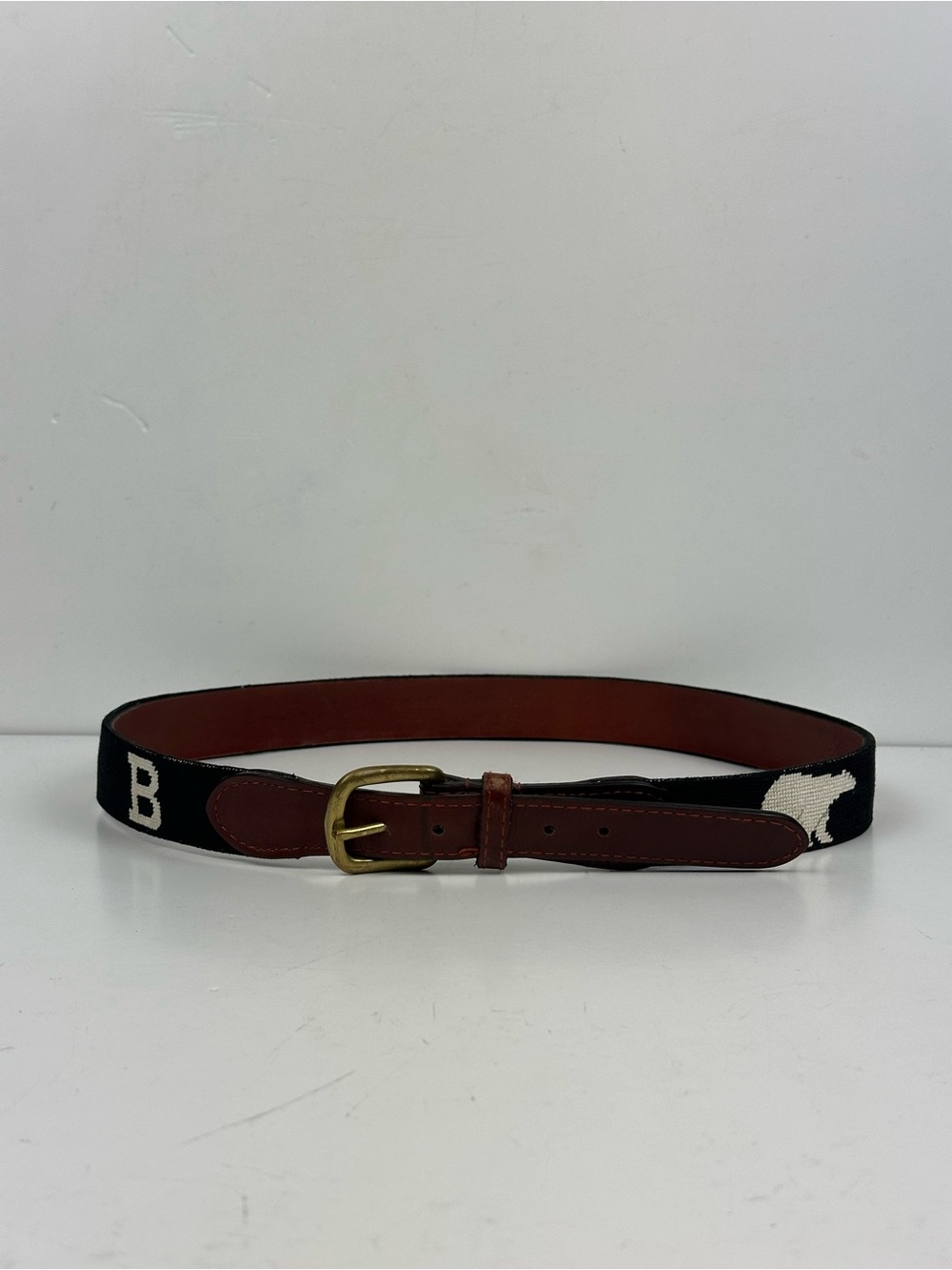 Smathers & Branson Bowdoin College Needlepoint Belt with Brown Leather Trim